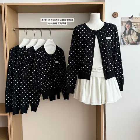 Áo khoác len cardigan 2 lớp cổ tròn chấm bi đen trắng cho nữ tiểu thư