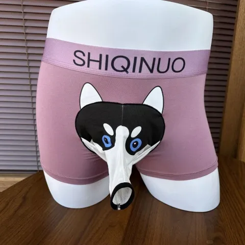 Quần sịp boxer nam có vòi thông in hình chú chó Husky đáng yêu. Quần sịp đùi nam độc lạ cotton có vòi chui thông in hình