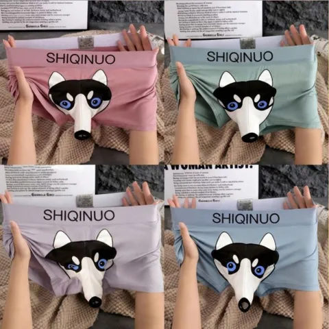 Quần sịp boxer nam có vòi thông in hình chú chó Husky đáng yêu. Quần sịp đùi nam độc lạ cotton có vòi chui thông in hình