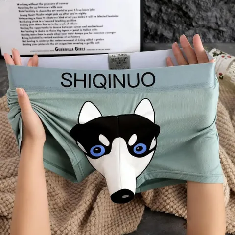Quần sịp boxer nam có vòi thông in hình chú chó Husky đáng yêu. Quần sịp đùi nam độc lạ cotton có vòi chui thông in hình
