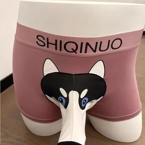 Quần sịp boxer nam có vòi thông in hình chú chó Husky đáng yêu. Quần sịp đùi nam độc lạ cotton có vòi chui thông in hình
