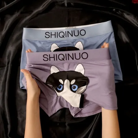 Quần sịp boxer nam có vòi thông in hình chú chó Husky đáng yêu. Quần sịp đùi nam độc lạ cotton có vòi chui thông in hình
