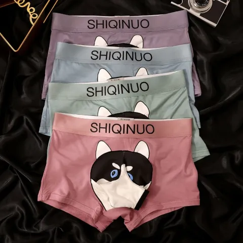 Quần sịp boxer nam có vòi thông in hình chú chó Husky đáng yêu. Quần sịp đùi nam độc lạ cotton có vòi chui thông in hình