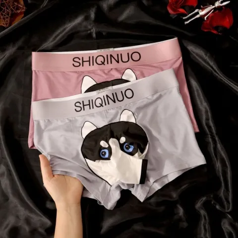 Quần sịp boxer nam có vòi thông in hình chú chó Husky đáng yêu. Quần sịp đùi nam độc lạ cotton có vòi chui thông in hình