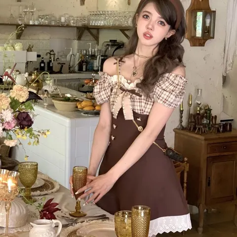 Váy đầm phối yếm corset phối caro trễ vai