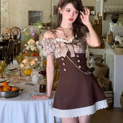 Váy đầm phối yếm corset phối caro trễ vai