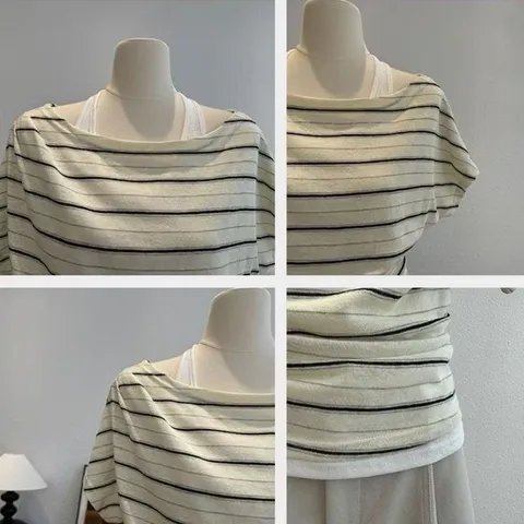 Áo Cộc Tay Cánh Dơi Kẻ Ngang Trễ Vai Cổ Layer Kèm Áo Dây Cổ Bên Trong Vải Thun Lỗ Thoáng Khí