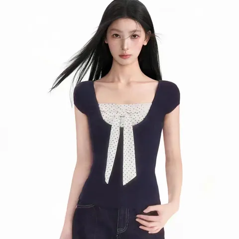 Áo thun ngắn tay tím than cổ vuông phối chấm bi kiểu hai mảnh thắt nơ ngực ngọt ngào mùa hè