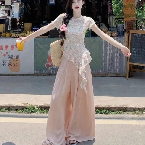 Áo Trễ Vai In Hoa Vạt Xéo Tua Rua Sắc Màu Tay Ngắn Phong Cách Nữ Tính