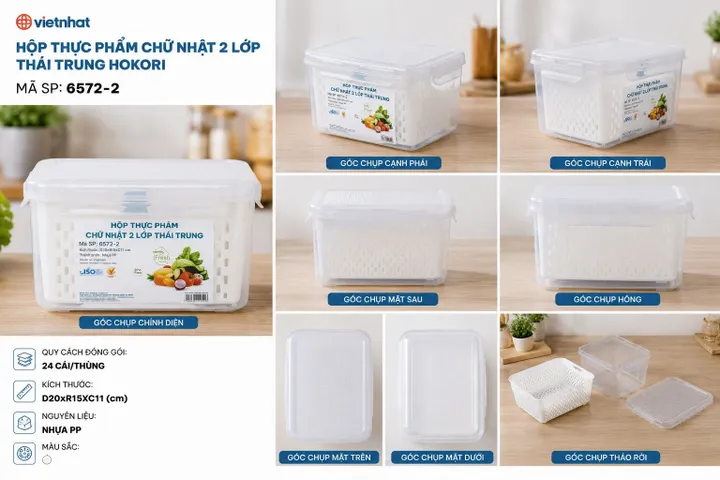 HỘP THỰC PHẨM CHỮ NHẬT 2 LỚP THÁI BỘ 3 HOKORI 6572