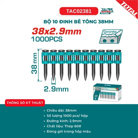 BỘ 1000 ĐINH BẮN BÊ TÔNG TOTAL TAC02381 – 38×2.9MM