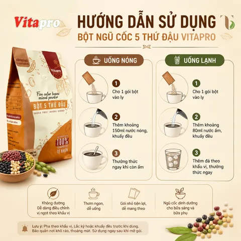 Bột Ngũ Cốc 5 Thứ Đậu Vitapro Không Đường - Thùng 20 Gói - 1 Gói 10 Bịch Nhỏ Tiện Lợi, Đẹp Da Ngủ Ngon