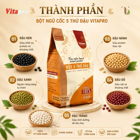 Bột Ngũ Cốc 5 Thứ Đậu Vitapro Không Đường - Thùng 20 Gói - 1 Gói 10 Bịch Nhỏ Tiện Lợi, Đẹp Da Ngủ Ngon