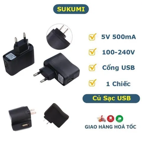 Cục Sạc USB 5V 0.5A Sạc Nhanh An Toàn, Củ Sạc Điện Thoại Cổng Usb Tiện Dụng - Cóc Sạc Đổi Đèn Báo Đầy (Màu Đen)