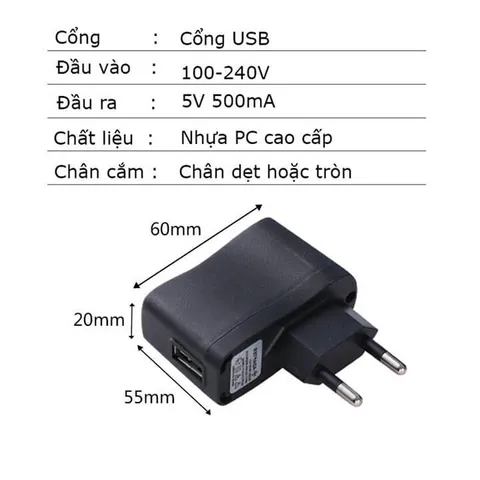 Cục Sạc USB 5V 0.5A Sạc Nhanh An Toàn, Củ Sạc Điện Thoại Cổng Usb Tiện Dụng - Cóc Sạc Đổi Đèn Báo Đầy (Màu Đen)