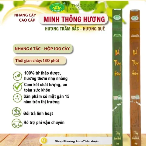 Nhang sạch thảo dược 100% (6 tấc) : MINH THÔNG HƯƠNG - Hộp 100 cây - Nhang Sạch Hương Trầm Bắc HM85