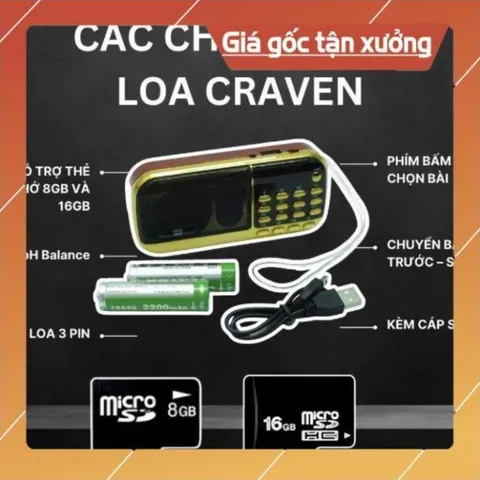 Combo Loa Đài Craven 3 Pin Thẻ Nhớ 8G Usb FM Máy Nghe Nhạc Mini Tắm Ngôn Ngữ Tiếng Anh Tiếng Trung Tiếng Việt Cho Bé