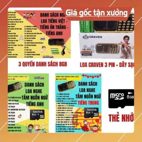 Combo Loa Đài Craven 3 Pin Thẻ Nhớ 8G Usb FM Máy Nghe Nhạc Mini Tắm Ngôn Ngữ Tiếng Anh Tiếng Trung Tiếng Việt Cho Bé
