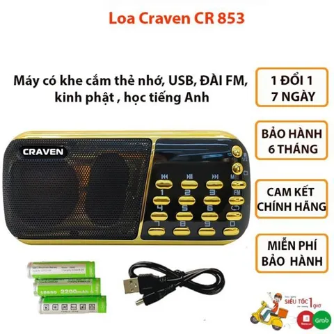 Loa Craven CR-853 Nghe Thẻ Nhớ, USB, Có Đài FM, Loa To, Rõ, Pin Khỏe (3 Pin)