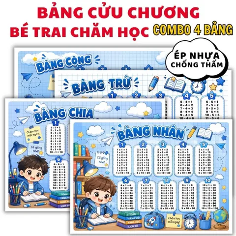 BẢNG CỬU CHƯƠNG A4 ép PLASTIC cứng cáp ( COMBO 4 BẢNG : Cộng, trừ, nhân, chia)  CÓ NHIỀU CHỦ ĐỀ