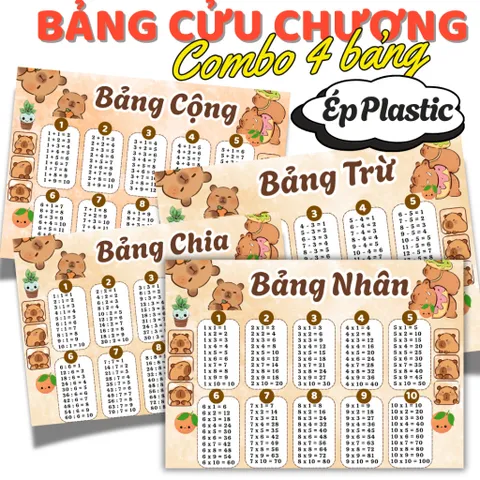 BẢNG CỬU CHƯƠNG A4 ép PLASTIC cứng cáp ( COMBO 4 BẢNG : Cộng, trừ, nhân, chia)  CÓ NHIỀU CHỦ ĐỀ