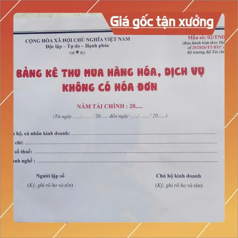 MẪU SỐ 02/TNDN - Mẫu bảng kê thu mua hàng hóa, dịch vụ - GIẤY CAO CẤP Chuẩn theo TT20/2026 của Bộ TC