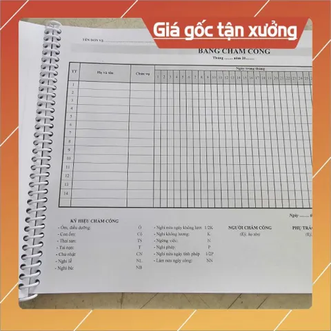 SỔ CHẤM CÔNG - Có đóng LÒ XO CAO CẤP - Giấy dày DOUBLE A4 80gs - Chuẩn Thông tư 133 của Bộ tài chính