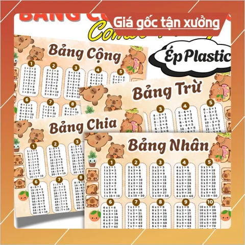 BẢNG CỬU CHƯƠNG NHIỀU CHỦ ĐỀ DỄ THƯƠNG, A4 ÉP PLASTIC .( COMBO 4 BẢNG: Cộng, trừ, nhân, chia)