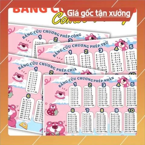 BẢNG CỬU CHƯƠNG NHIỀU CHỦ ĐỀ DỄ THƯƠNG, A4 ÉP PLASTIC .( COMBO 4 BẢNG: Cộng, trừ, nhân, chia)