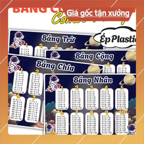 BẢNG CỬU CHƯƠNG NHIỀU CHỦ ĐỀ DỄ THƯƠNG, A4 ÉP PLASTIC .( COMBO 4 BẢNG: Cộng, trừ, nhân, chia)