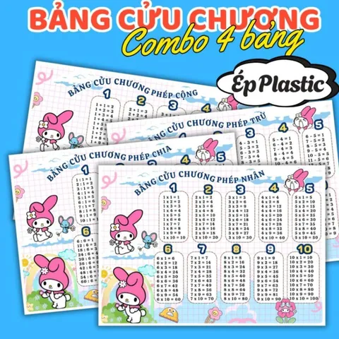 BẢNG CỬU CHƯƠNG NHIỀU CHỦ ĐỀ DỄ THƯƠNG, A4 ÉP PLASTIC (Combo 4 bảng: CỘNG, TRỪ, NHÂN, CHIA) NHIỀU MẪU