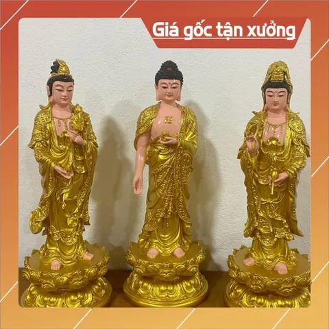 Tượng Tây Phương Tam Thánh Đứng 40cm nhựa composite vàng vẽ hoả tốc