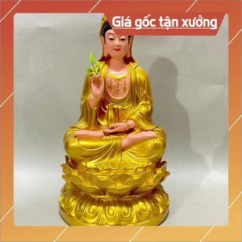 Tượng Quan Âm Màu Vàng Ngồi 30cm Nhựa Composite đẹp