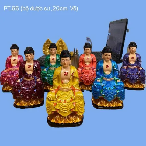 Bộ 7 Tượng Phật Dược Sư composite 7 màu có pháp khí rời CAO 18CM