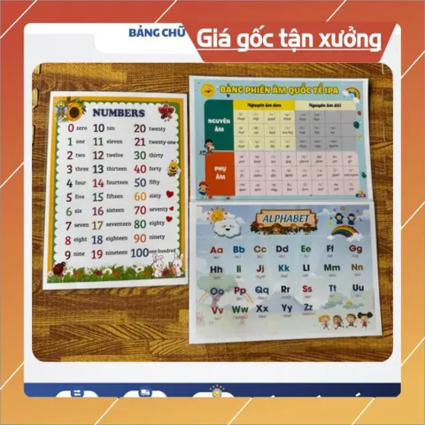 Combo 3 Bảng KHỔ A3 30CM X 40CM Học Tiếng Anh: Số, Chữ Cái, Phiên Âm IPA – A4 Ép Plastic, Màu Sắc Sinh Động