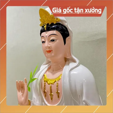 Tượng Quan Âm Màu Trắng Vẽ Đế Sen Vàng Ngồi 30cm composite