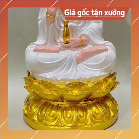 Tượng Quan Âm Màu Trắng Vẽ Đế Sen Vàng Ngồi 30cm composite