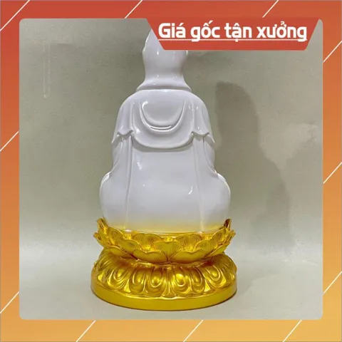 Tượng Quan Âm Màu Trắng Vẽ Đế Sen Vàng Ngồi 30cm composite
