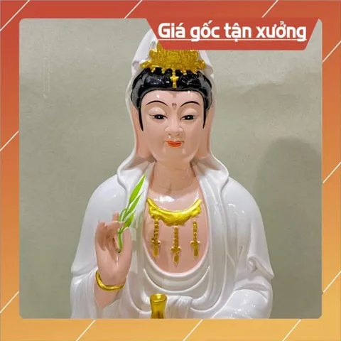 Tượng Quan Âm Màu Trắng Vẽ Đế Sen Vàng Ngồi 30cm composite