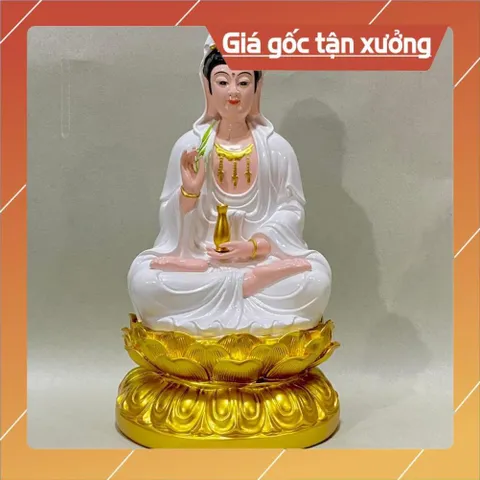 Tượng Quan Âm Màu Trắng Vẽ Đế Sen Vàng Ngồi 30cm composite