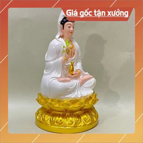 Tượng Quan Âm Màu Trắng Vẽ Đế Sen Vàng Ngồi 30cm composite