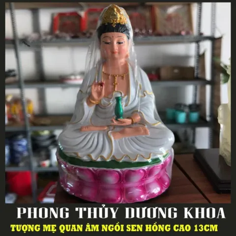 ƯỢNG MẸ QUAN ÂM SƠN MÀU CAO 13CM NGỒI SEN MÀU- Tượng phật quan thế âm bồ tát để thờ cúng hoặc trang trí xe hơ