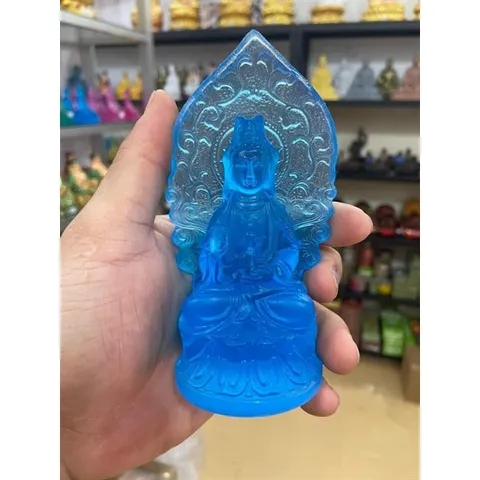 GIEO DUYÊN,  Tượng quan âm hào quang 12cm giả lưu ly 3 màu DƯƠNG KHOA SHOP