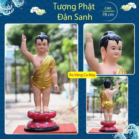 Tôn Tượng Đản Sanh 78cm Áo Vàng Vẽ Sen Hồng Nhựa Composite Mới có hoả tốc