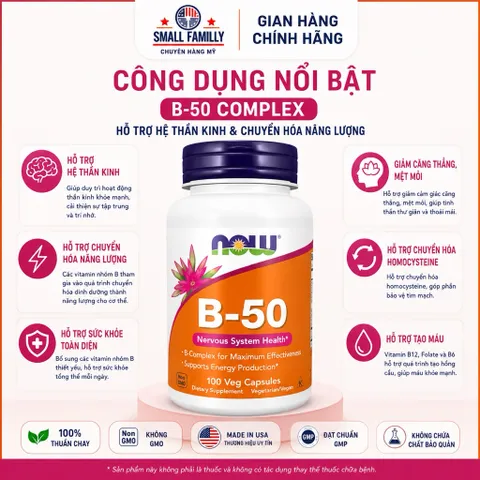 NOW B-50 Complex - Vitamin Nhóm B B-Complex Hỗ Trợ Hệ Thần Kinh, Chuyển Hóa Năng Lượng, Giảm Mệt Mỏi