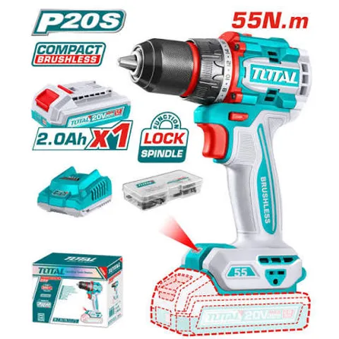 Máy khoan không chổi than TOTAL 20V 55Nm 13mm 2 tốc độ – Bộ máy khoan cầm tay kèm bộ 2Ah và sạc