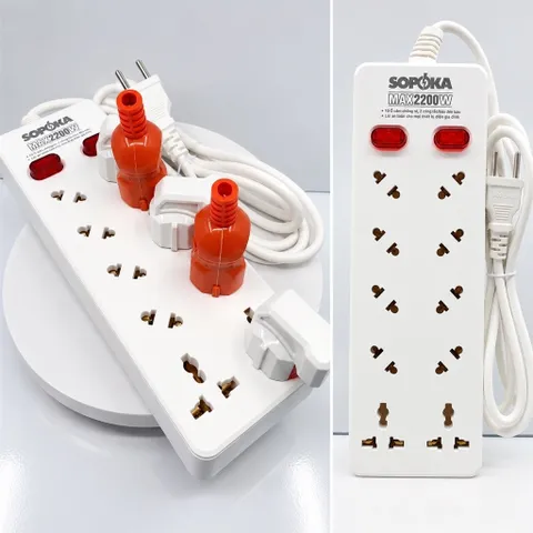 Ổ Cắm Điện Đa Năng 10 Lỗ Sopoka Chịu Tải 2200W, 2 Công Tắc Nguồn Độc Lập, Chịu Nhiệt, Chống Va Đập - Model 10Y0 - 10Y6