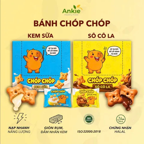 Hộp 16 gói Bánh gấu Chóp Chóp nhân kem sữa/sôcôla ANKIE HEALTHY FOOD thơm ngon ăn vặt tuổi thơ