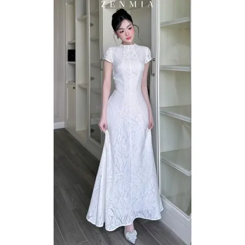 Đầm Dự Tiệc Ren Cổ Cao Tay Hến Dáng dài Sang Trọng Thanh Lịch Hàng có sẵn giao ngay Đúp lót 2 lớp Màu trắng lót kem