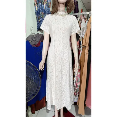 Đầm Dự Tiệc Ren Cổ Cao Tay Hến Dáng dài Sang Trọng Thanh Lịch Hàng có sẵn giao ngay Đúp lót 2 lớp Màu trắng lót kem